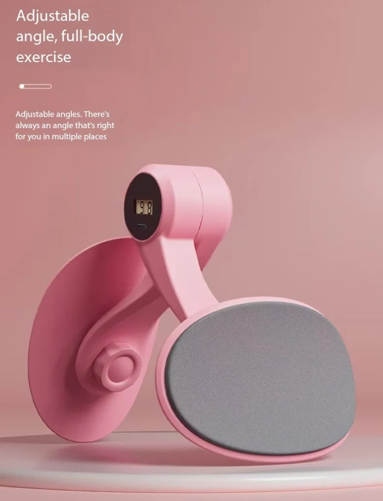 A close-up of a pink, angle-adjustable pelvic floor trainer, showcasing its electronic counter display and non-slip soft padding.