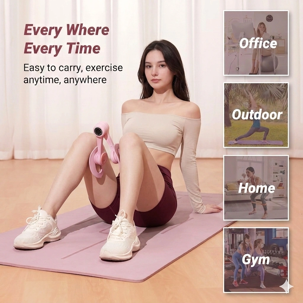 Smart Pelvic Floor Muscle Trainer - Digital Counter & USB Rechargeable Thigh Master for Postpartum Recovery 3 A woman uses a pink leg trainer on a yoga mat, demonstrating its portability for use in the office, outdoors, at home, and in the gym.