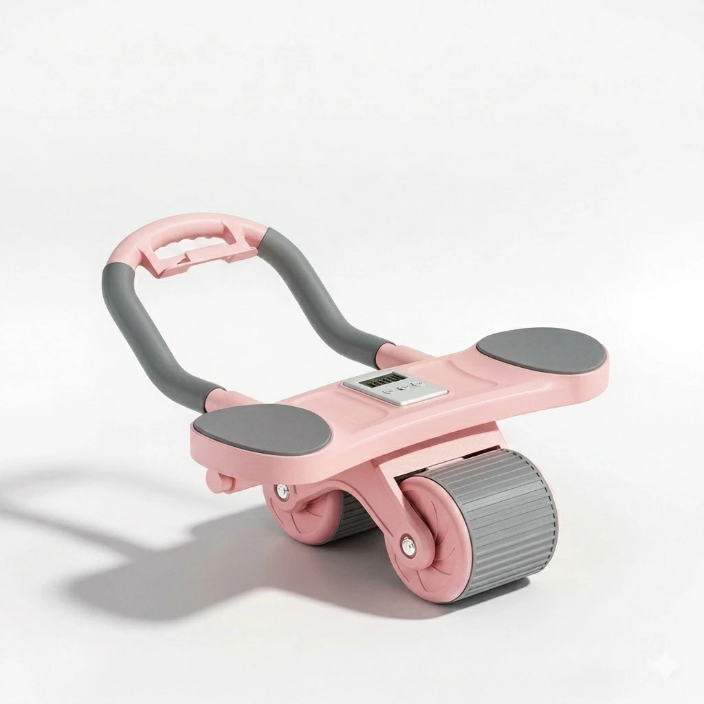 Pink automatic rebound ab roller for women with thickened elbow support and built-in electronic timer for core abdominal workout.