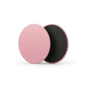 Pair of pink dual-sided core sliders for abdominal muscle training and leg exercises on carpet or hardwood floors.