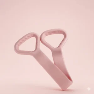 Pink figure-8 yoga resistance band with non-slip handles for women's back stretching, shoulder opening, and arm toning.