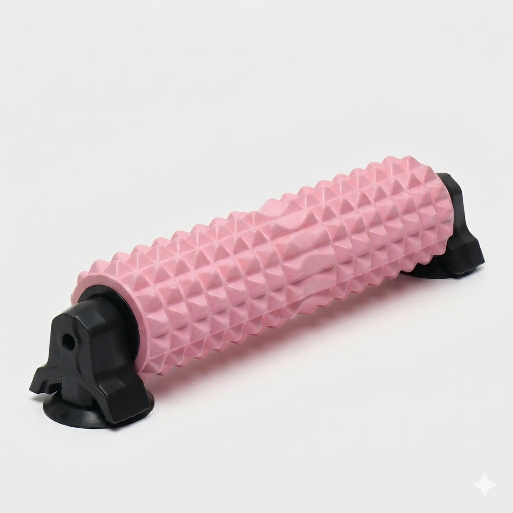 Pink deep tissue foam roller with non-slip fixed stand for women's home yoga and back muscle massage.
