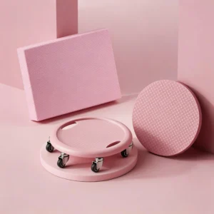 Pink 4-wheel silent core sliders with thick matching knee pad for women's abdominal workout and 360-degree glute training.
