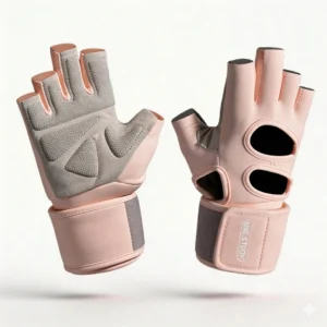 Pair of pink half-finger gym gloves for women with adjustable wrist wraps and anti-slip padded palms for weightlifting and fitness.