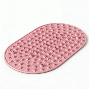 Pink oval-shaped foot massage mat with acupressure points for reflexology, pain relief, and improved blood circulation.