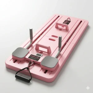 Pink portable pilates reformer board with resistance bands and digital counter for home workout