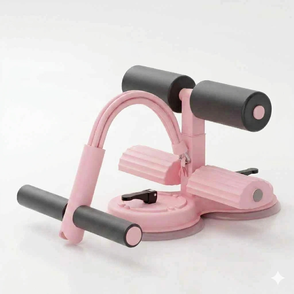 Pink self-suction sit-up bar with elastic resistance bands for home abdominal workout