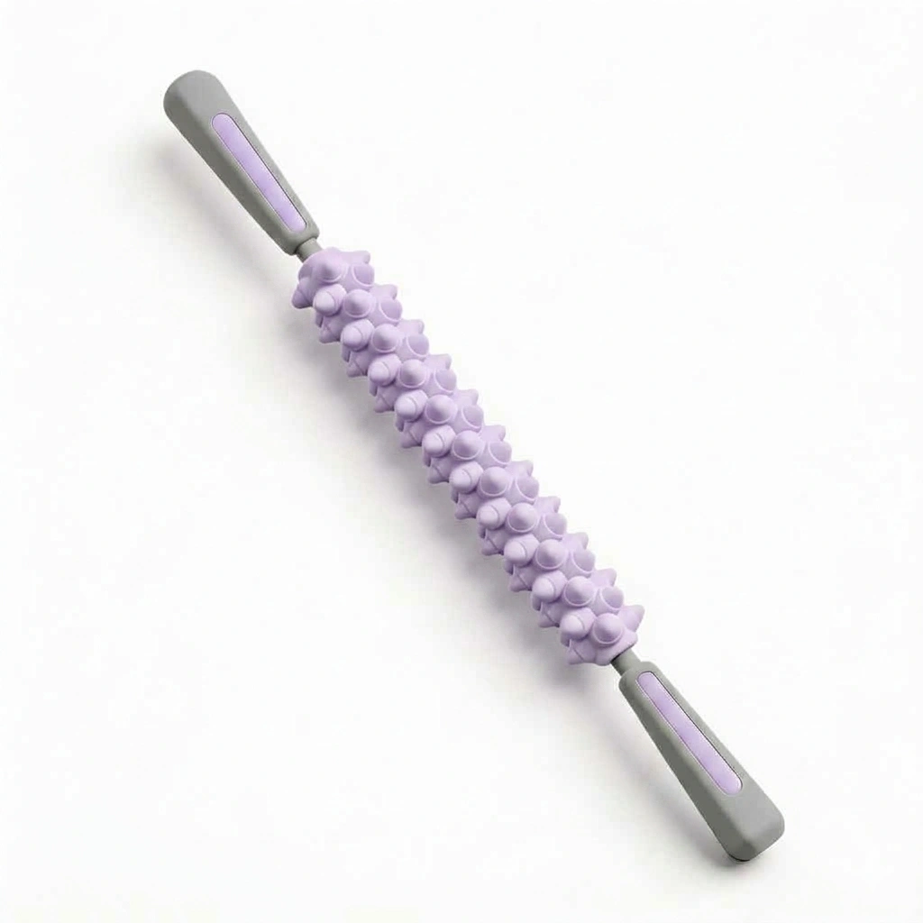 Purple handheld muscle roller stick with spiky massage rollers for deep tissue fascia release and calf muscle soreness.