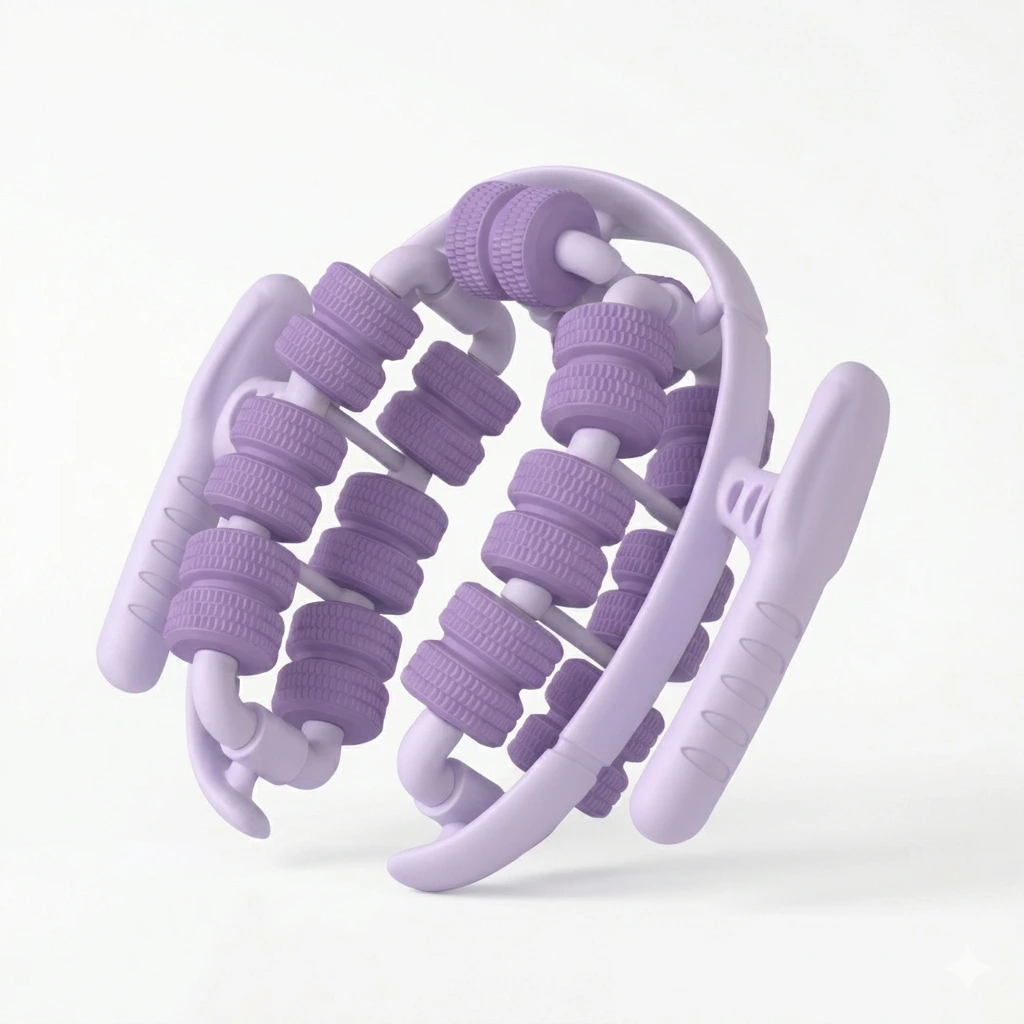 Purple 360-degree ring roller massager for leg muscle relief and myofascial release