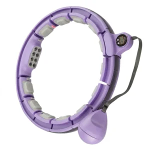 Purple smart weighted hula hoop for women with adjustable links, 360-degree massage nodes, and an auto-counting timer for waist slimming.