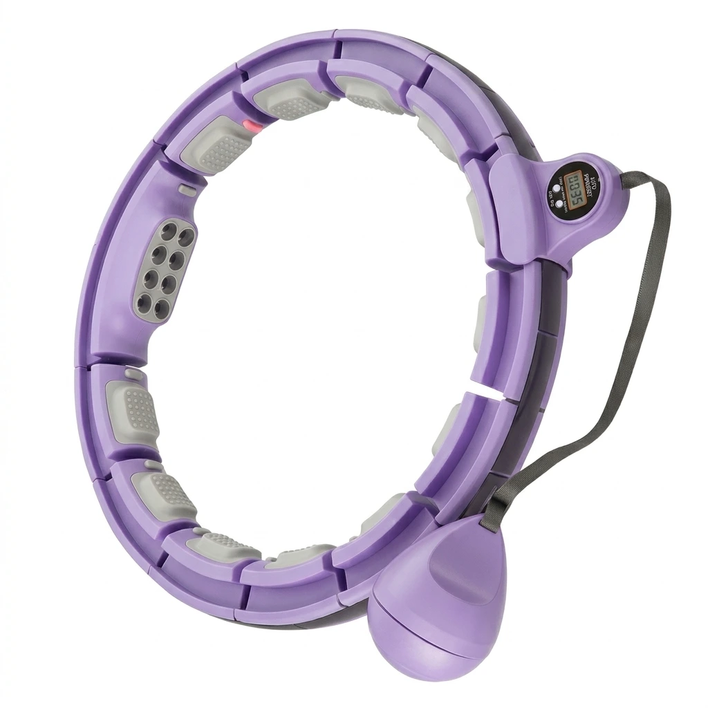 Purple smart weighted hula hoop for women with adjustable links, 360-degree massage nodes, and an auto-counting timer for waist slimming.