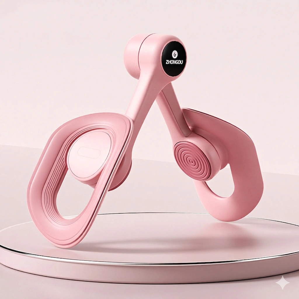 Smart Pelvic Floor Muscle Trainer - Digital Counter & USB Rechargeable Thigh Master for Postpartum Recovery 6 Close-up of EasyLean multi-functional thigh and arm trainer in milkshake pink on a minimalist display stand.