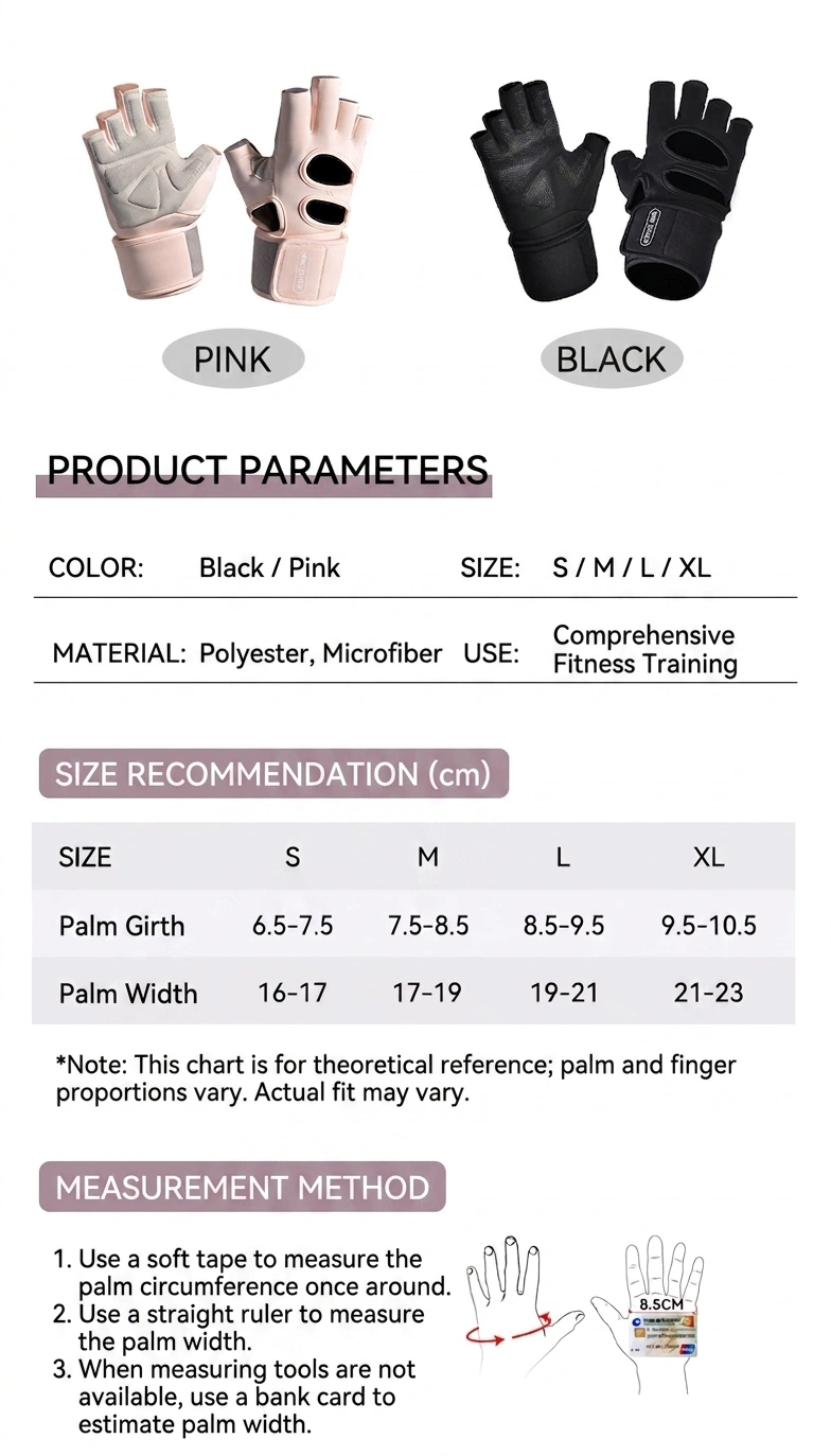 Size chart guide for pink and black workout gloves with wrist support