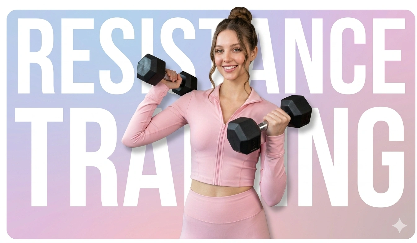 A fitness blog featured image showing the benefits of resistance training with a fit woman lifting dumbbells against a pastel gradient background
