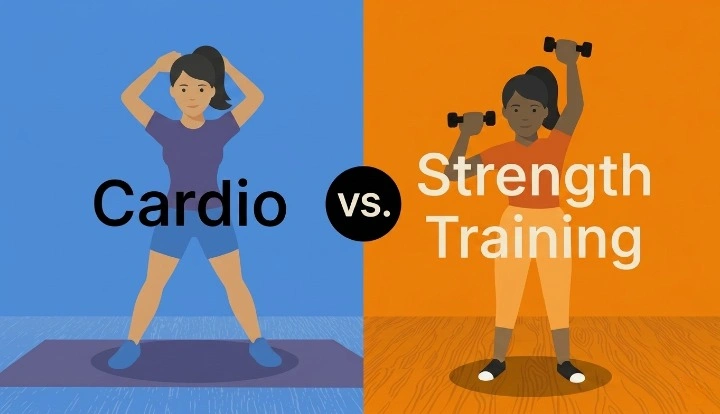 A vector illustration comparing workouts to answer should you do strength or cardio first