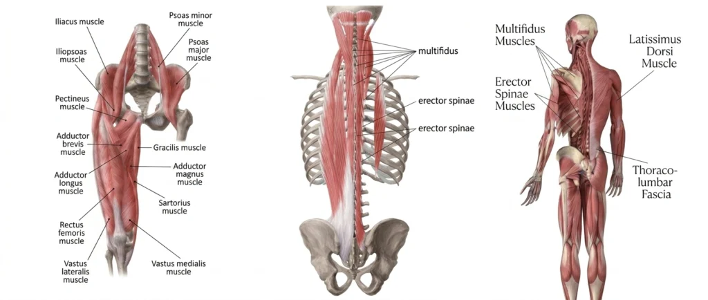 An anatomical diagram illustrating the deep back muscles to show the benefits of resistance training