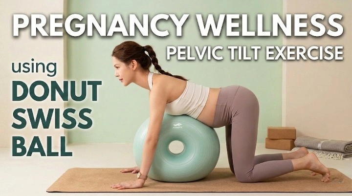 A pregnant woman in athletic wear demonstrating a pelvic tilt exercise on a mint green donut Swiss ball in a home gym setting.
