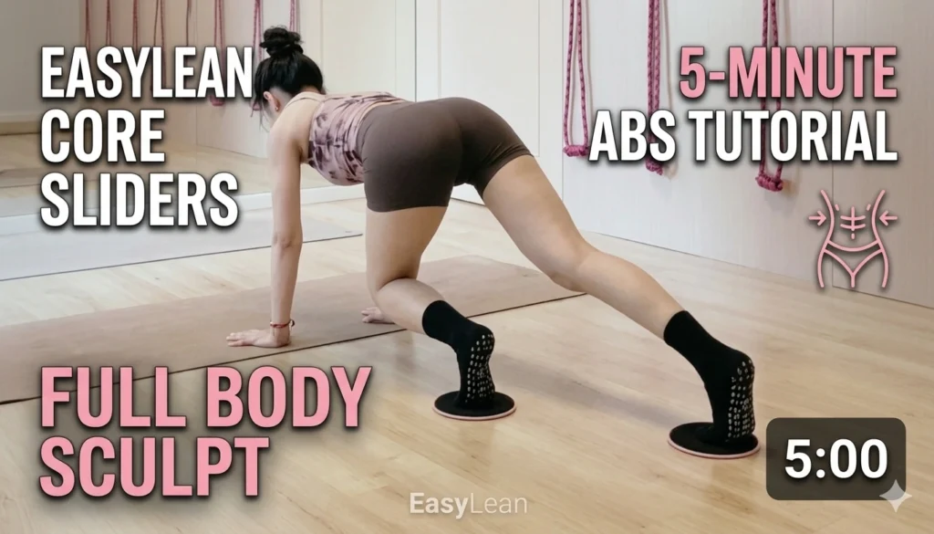 A fitness instructor demonstrating knee tucks using EasyLean core sliders on a wooden floor in a minimalist home studio.