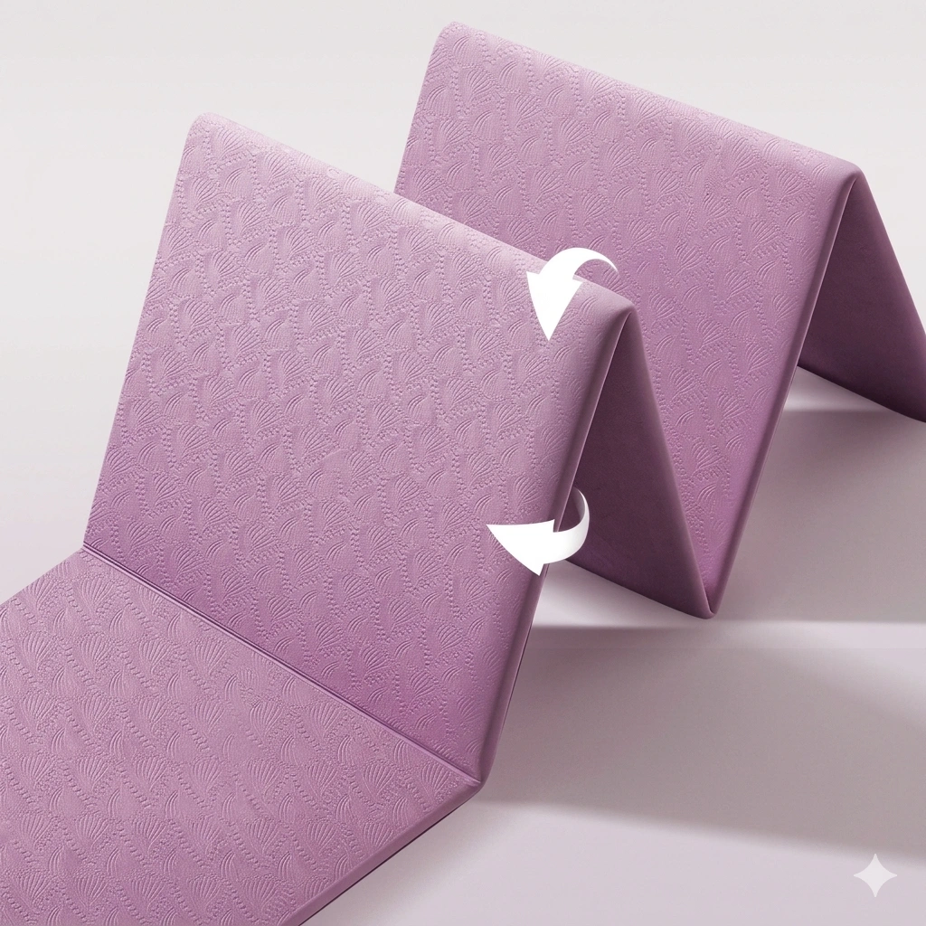 EasyLean™ Premium Eco-Friendly Foldable Yoga Mat – Non-Slip & Portable Travel Fitness Mat 4 Close-up of premium purple foldable yoga mat showing non-slip textured surface and folding action with arrows
