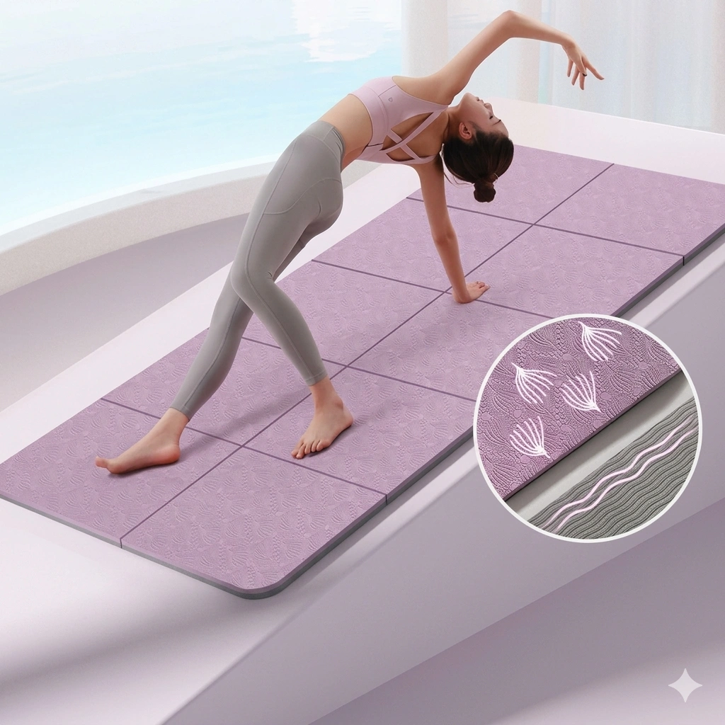 EasyLean™ Premium Eco-Friendly Foldable Yoga Mat – Non-Slip & Portable Travel Fitness Mat 3 A woman practicing yoga on a purple foldable mat from easylean.fit with an inset circle highlighting the double-sided anti-slip texture and wavy grip lines