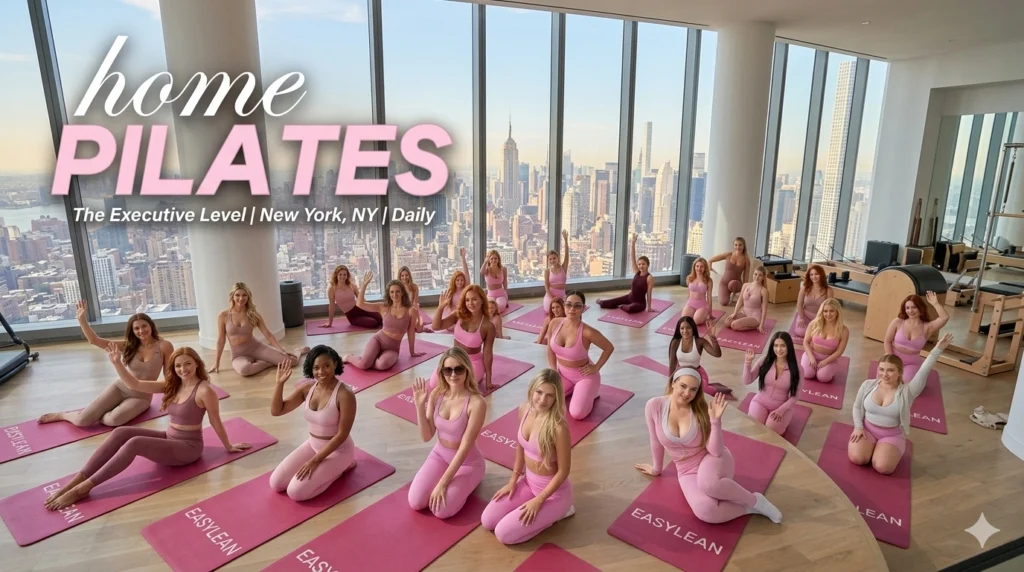 A large group of women practicing home pilates on pink EasyLean yoga mats in a New York studio, showcasing the EasyLean fitness lifestyle.
