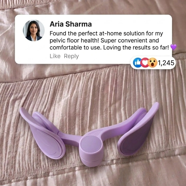 A social media style customer review for the EasyLean purple pelvic floor trainer, featuring a positive testimonial about at-home pelvic health results.