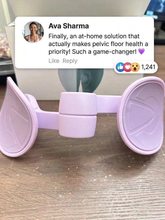 A social media style customer review for the EasyLean purple pelvic floor trainer, featuring a positive testimonial about at-home pelvic health results.