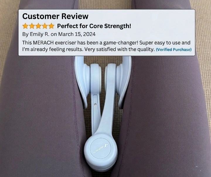A Amazon style customer review for the EasyLean purple pelvic floor trainer, featuring a positive testimonial about at-home pelvic health results.