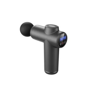 Matte black muscle massage gun with digital LED display screen showing speed levels.