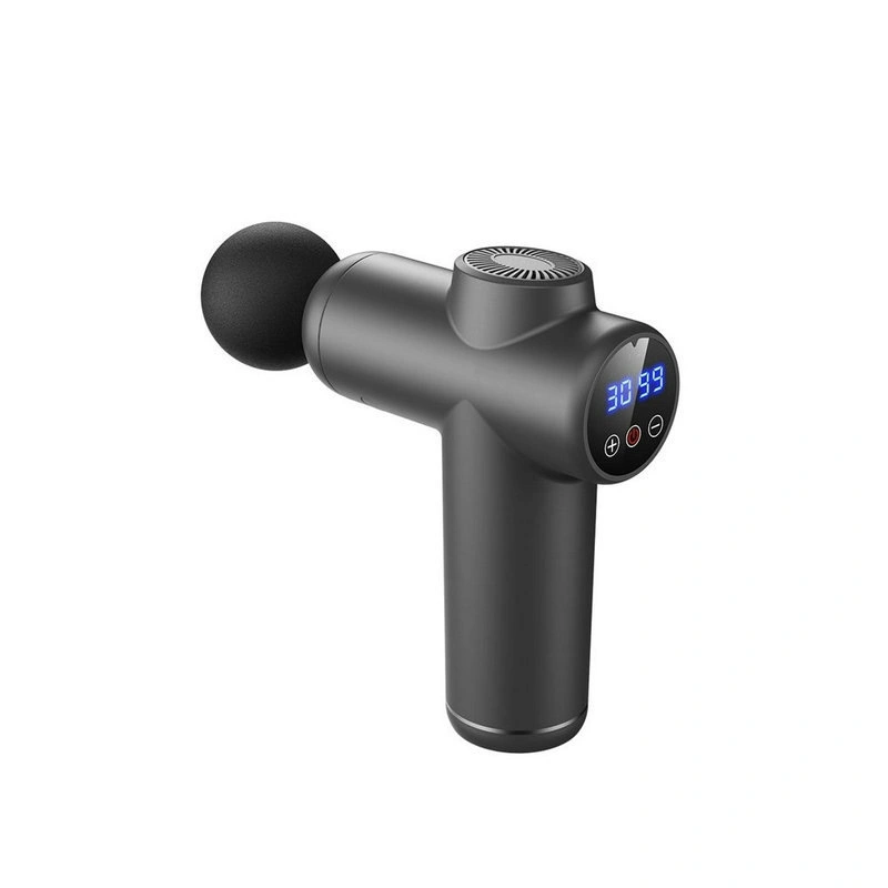 Matte black muscle massage gun with digital LED display screen showing speed levels.