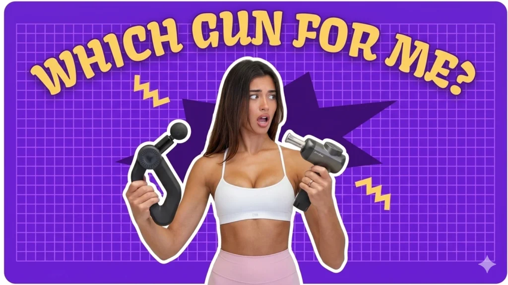 A young athletic woman with a shocked expression holding a easylean massage gun in her right hand and another gray massage gun in her left hand, set against a vibrant purple grid background with the bold yellow text "WHICH GUN FOR ME?".
