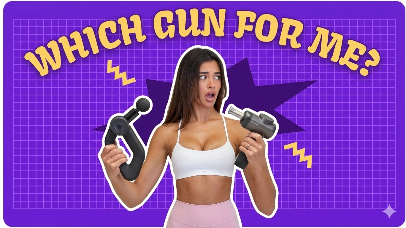 A young athletic woman with a shocked expression holding a easylean massage gun in her right hand and another gray massage gun in her left hand, set against a vibrant purple grid background with the bold yellow text "WHICH GUN FOR ME?".