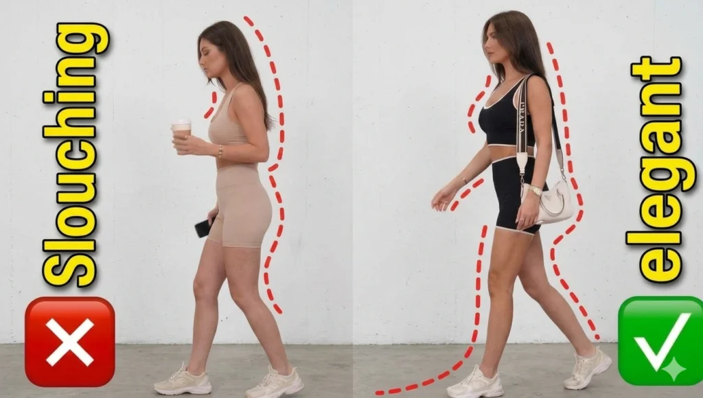 How to Walk Like a Lady: Fixing Your Gait and Posture Naturally with Primal Mobility Flows 1 Side-by-side posture comparison of a woman walking. Left shows slouching posture with forward head tilt and pooched belly; right shows an elegant lady walking with a regal posture and synchronized gait. How to walk like a lady with primal movement posture correction.