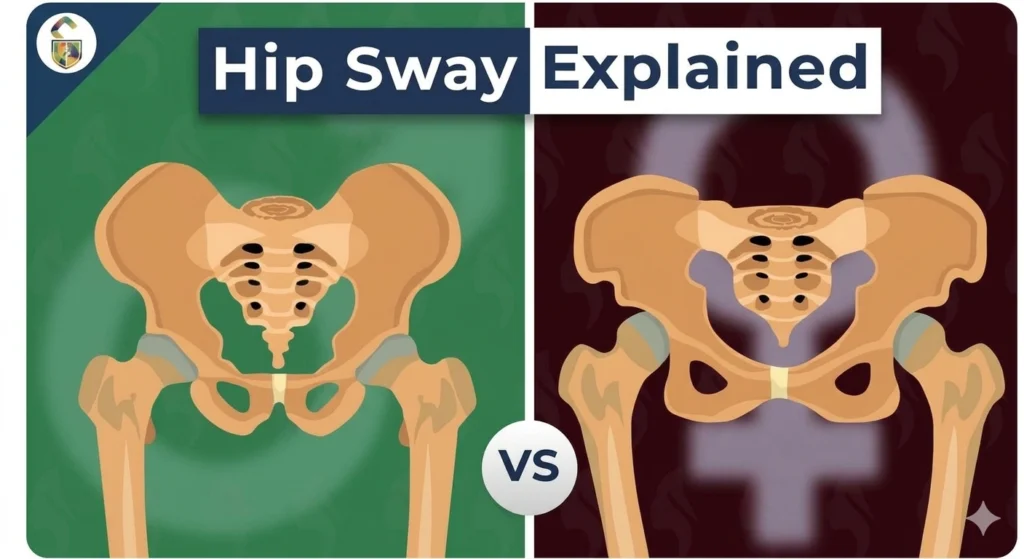 How to Walk Like a Lady: Fixing Your Gait and Posture Naturally with Primal Mobility Flows 2 Anatomical diagram comparing female pelvic structure and lateral pelvis shift alignment during the walking gait cycle.