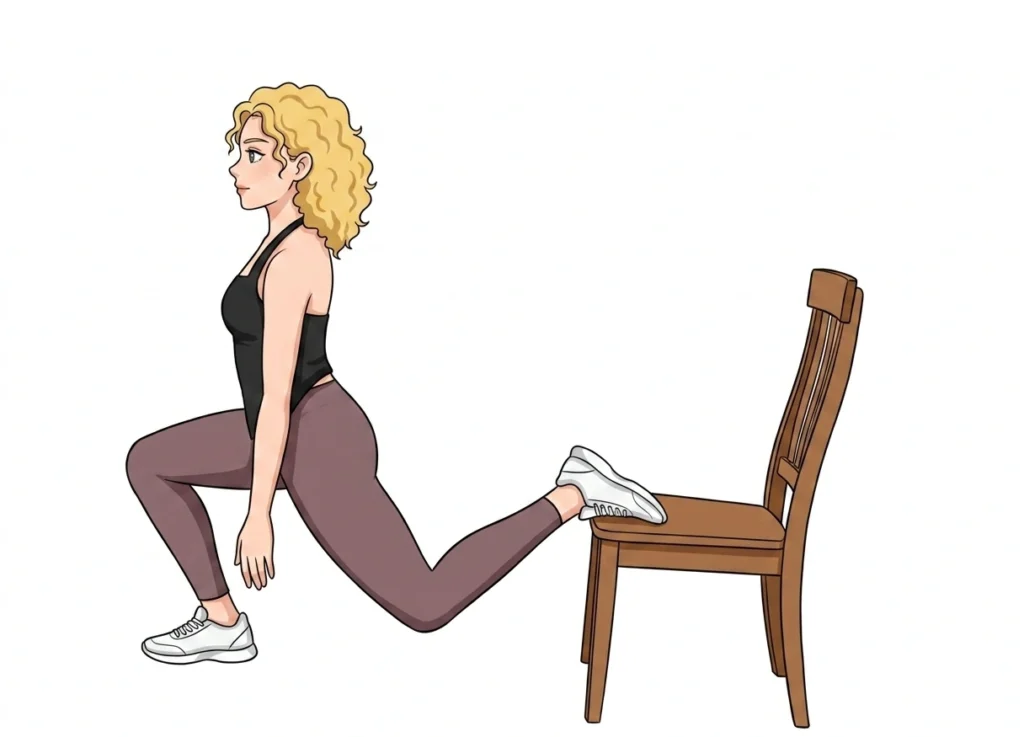 Is Your Butt Secretly "Dead"? How to Fix Gluteal Amnesia 10 A cartoon illustration of a woman demonstrating a single-leg rear-foot elevated squat (Bulgarian split squat) using a wooden chair.