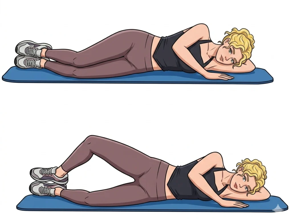 Is Your Butt Secretly "Dead"? How to Fix Gluteal Amnesia 8 A cartoon illustration demonstrating the "clamshell" exercise. The top image shows a woman lying on her side with her knees slightly bent and stacked; the bottom image shows the top knee lifted upward while the feet remain together.