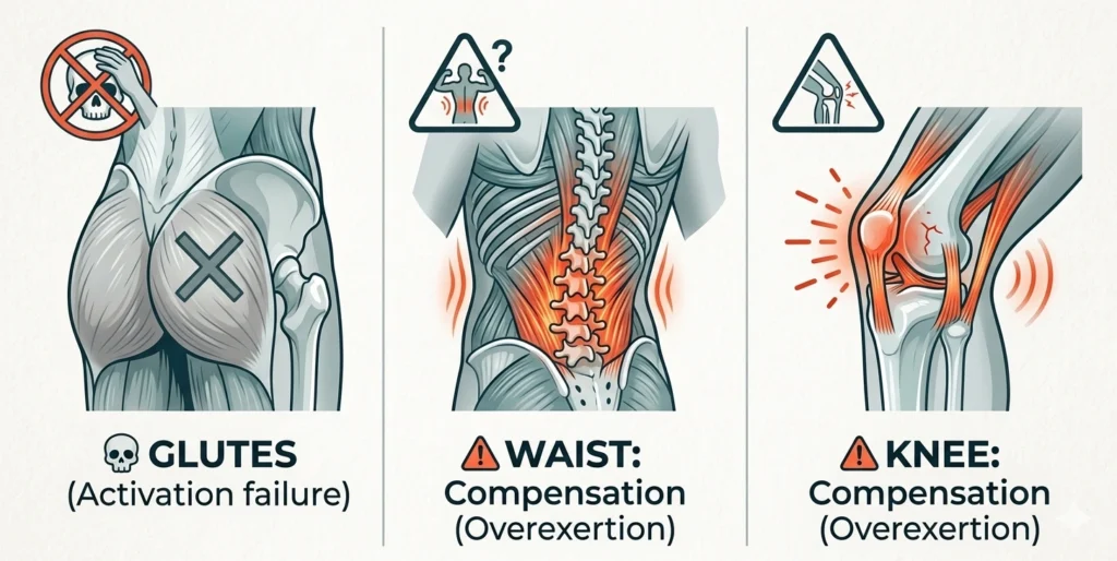 Is Your Butt Secretly "Dead"? How to Fix Gluteal Amnesia 3 Compensatory engagement of the glutes lower back and knees