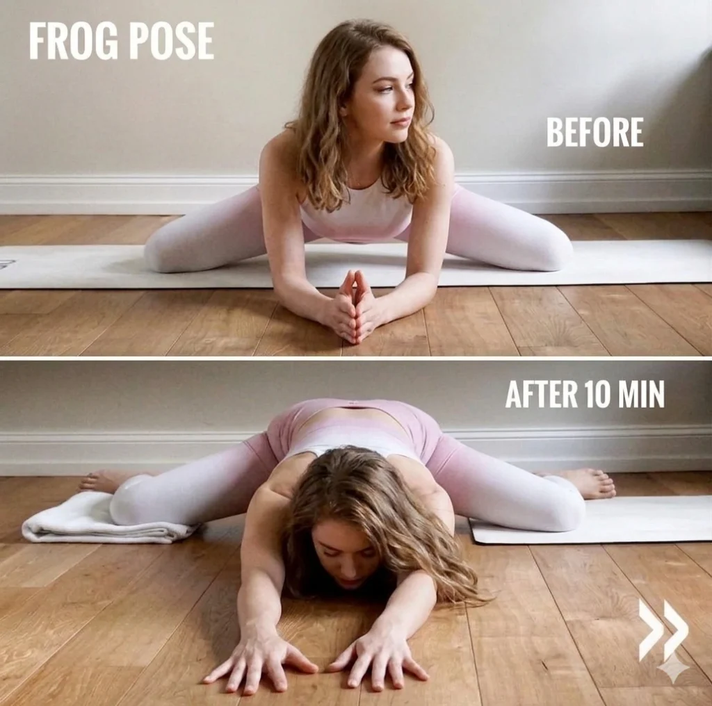 Is Your Butt Secretly "Dead"? How to Fix Gluteal Amnesia 6 A before-and-after comparison of the Frog Pose stretch. The top image shows the starting position—seated with elbows resting on the ground—while the bottom image shows the deep stretch achieved after 10 minutes, with the body pressed further down against the floor.