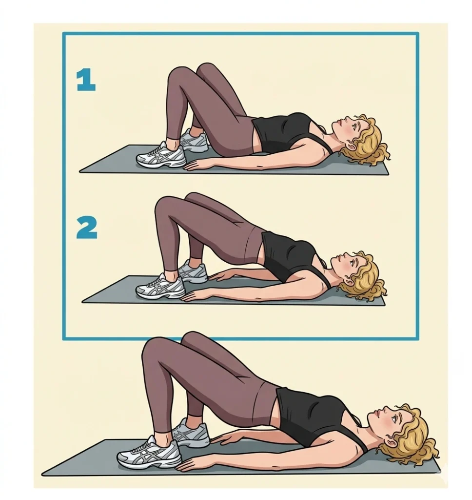 Is Your Butt Secretly "Dead"? How to Fix Gluteal Amnesia 7 Cartoon illustrations breaking down the glute bridge exercise. Figure 1 shows the starting position (lying flat with knees bent), while Figure 2 and the large image below depict the movement of lifting the hips and thighs to align the body in a straight line.