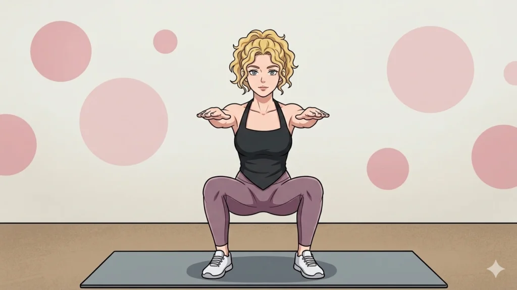 Is Your Butt Secretly "Dead"? How to Fix Gluteal Amnesia 9 A cartoon illustration of a woman performing a standard squat—feet apart and arms extended straight out in front—against a pink polka-dot background.