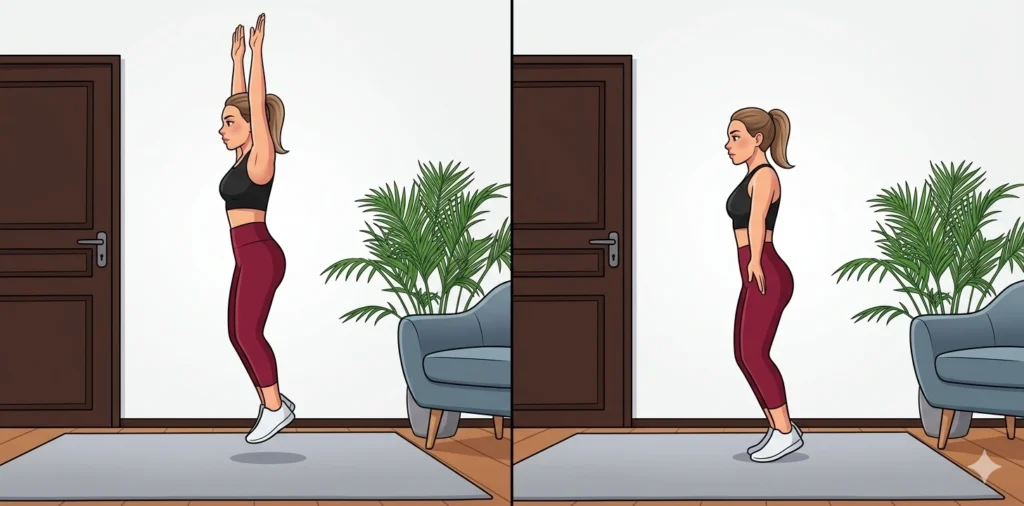 Illustration showing a woman demonstrating a home vertical squat jump with proper form, lifting arms up mid-air and landing softly with bent knees.