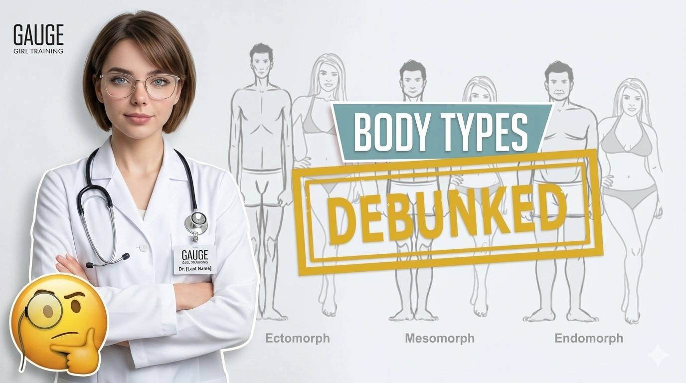 The Truth About Somatotypes: Personalized Training Guide | EasyLean A professional female doctor wearing glasses and a stethoscope stands next to a fitness infographic debunking the three somatotypes (ectomorph, mesomorph, and endomorph) for a science-backed weight loss guide by EasyLean