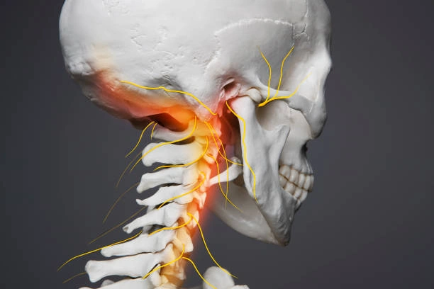 The Sedentary Desk Worker’s Survival Guide: 9 Home Rehab Exercises to Eliminate Lower Back Pain, Anterior Pelvic Tilt, and "Tech Neck" 5 3D anatomy model of a skull and cervical spine with red inflammation showing neck nerve irritation and cervicogenic dizziness linked to lower back pain from sitting