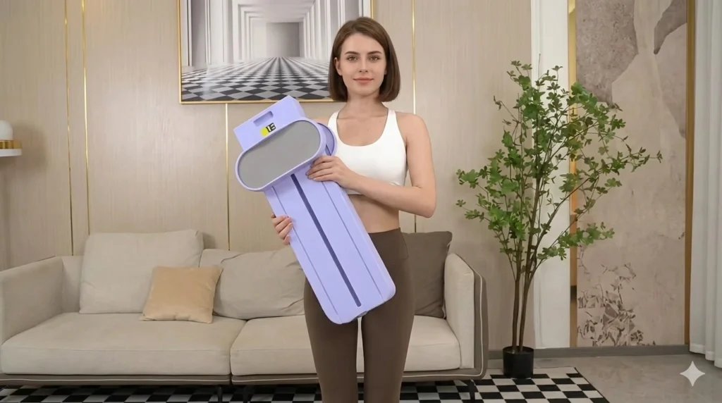 The Dark Side of the Home Ski Leg Machine: 3 Medical Red Flags Before You Slide 1 A female fitness model holding a compact, folded purple home ski leg machine in a modern living room, demonstrating its space-saving and lightweight storage design for EasyLean.fit.