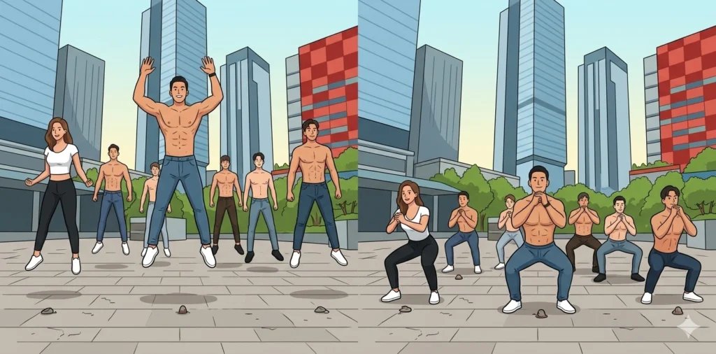 Cartoon illustration of a group of fit men and women exercising outdoors, practicing high-intensity jumping jacks and deep squats together.