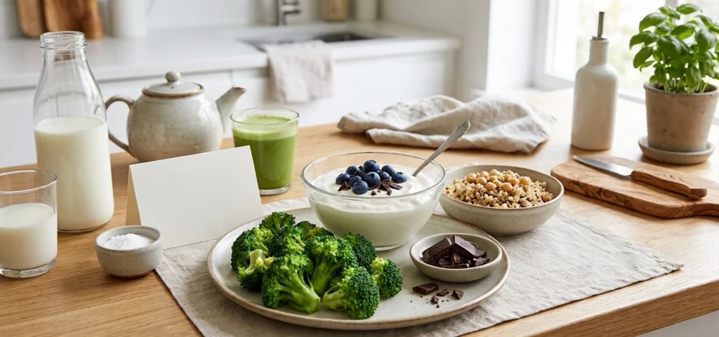 A healthy gut reset diet plan featuring broccoli, yogurt, berries, and dark chocolate for body recomposition at home.