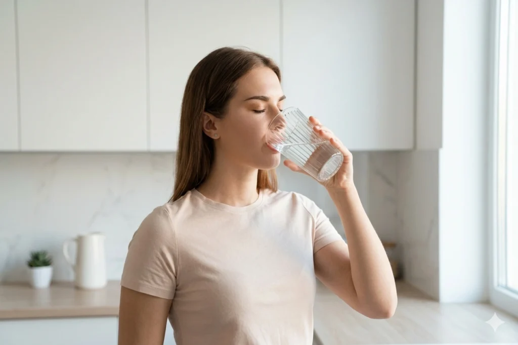 A young woman with closed eyes drinking a glass of fresh pure water in a bright, clean minimalist kitchen, promoting hydration.