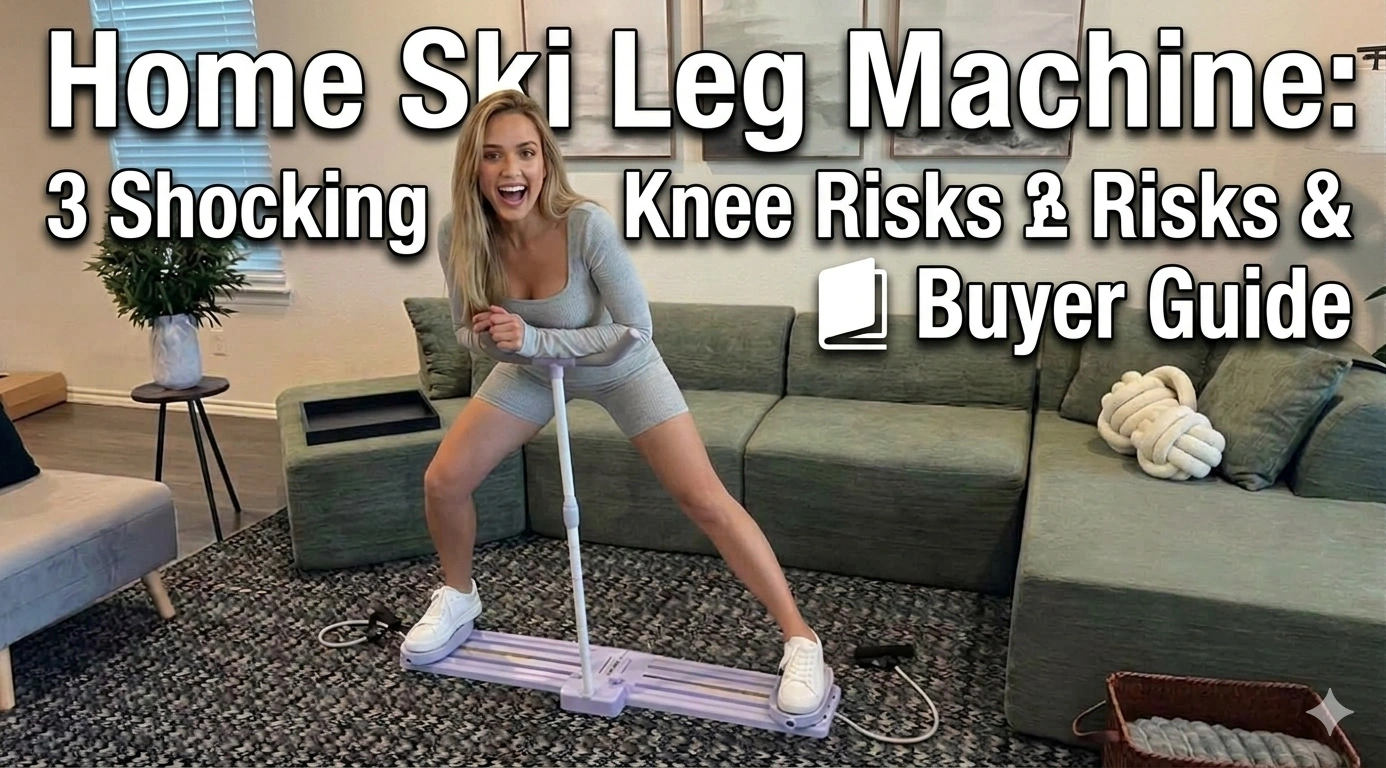 Home Ski Leg Machine: Knee Injury Prevention & Buyer Guide | EasyLean.fit A female fitness influencer exercises on a home ski leg machine in a living room, featured with bold white text overlay reading 'Home Ski Leg Machine: 3 Shocking Knee Risks & Buyer Guide' for EasyLean.fit.