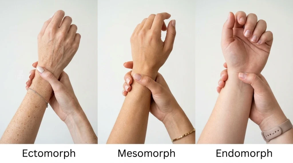 Beyond Somatotypes: The Science-Backed Guide to 'Easy Lean' Fitness Based on Your Body Type 1 Three side-by-side real photos of Caucasian women's hands performing how to determine body type with a simple wrist test. Determine somatotypes, labeled Ectomorph (thumb and middle finger overlap), Mesomorph (thumb and middle finger touch), and Endomorph (fingers do not touch).