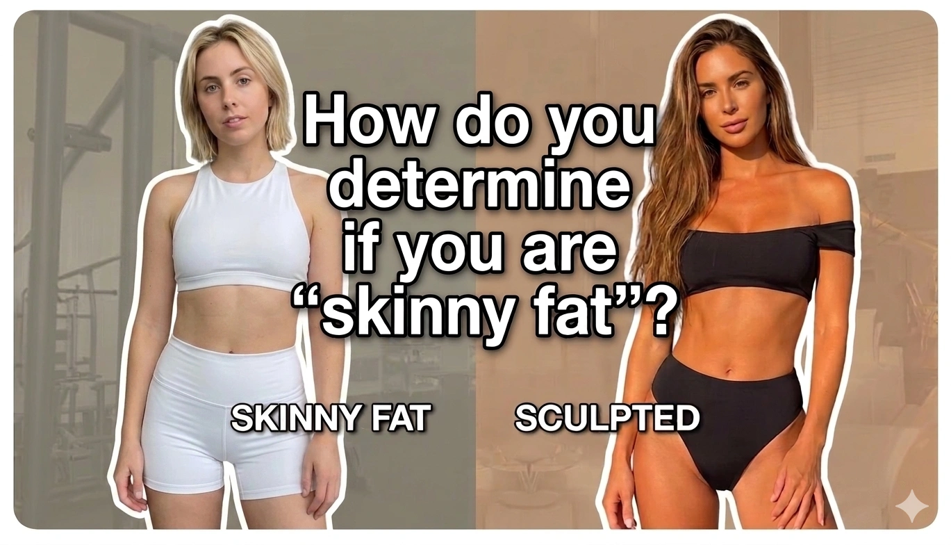 A side-by-side comparison of a female body showing a skinny fat physique versus a toned, sculpted physique with fitness advice text.